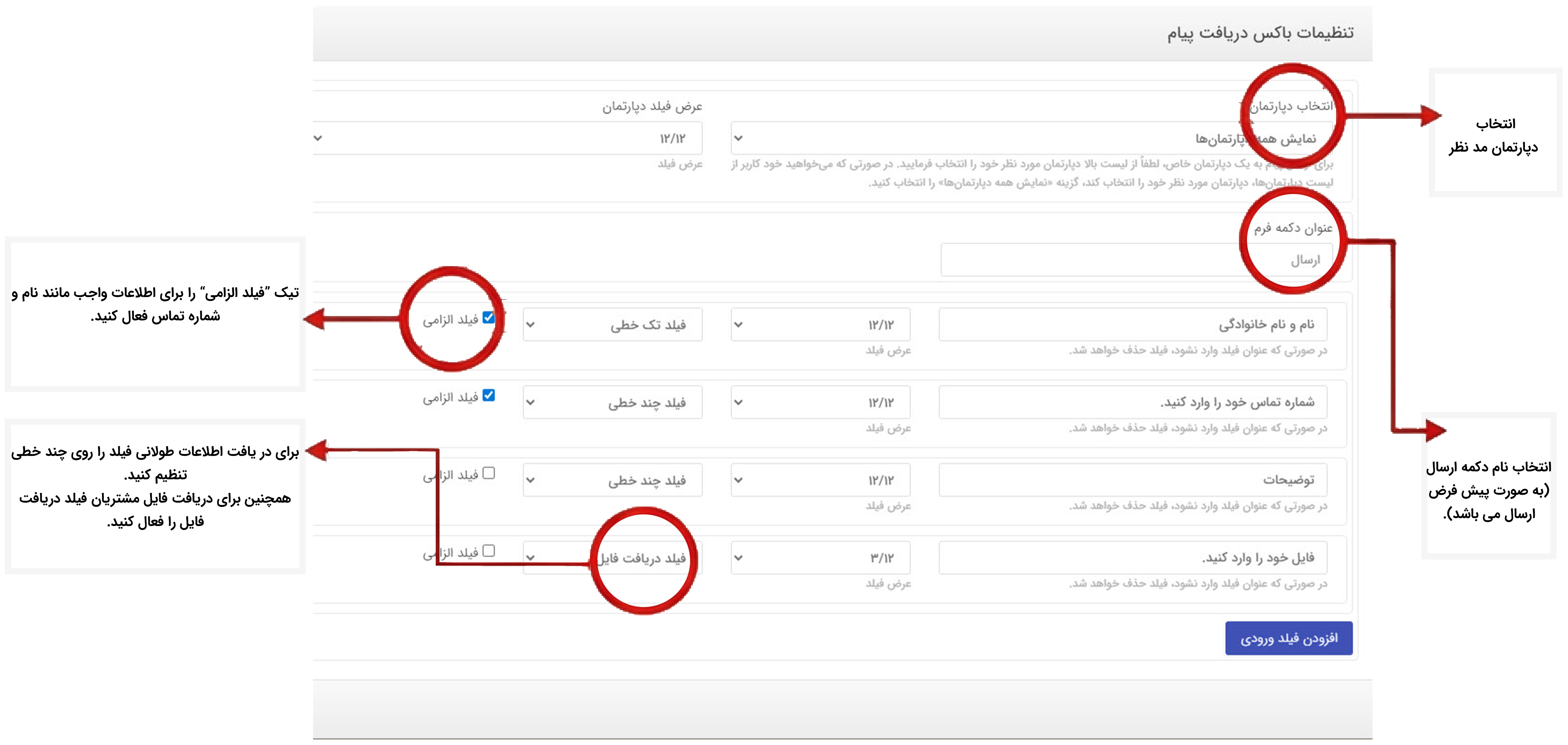 تنظیمات فرم تماس با ما و انتخاب دپارتمان دریافت پیام